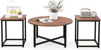 Costway Conjunto de Mesa de Centro de 3 Piezas, Mesa Auxiliar Redonda y 2 Mesas de Centro Cuadradas con Estructura de Metal Resistente, Juego de 3 Mesas de