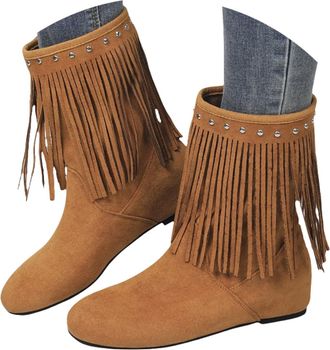 Generic Winter Boots For Women uk Cowboy Autumn Winter Flat Mid Calf Chunky Heel Fringe Boot Mid Length Casual Stylish Plus Size Warm Inside Wide Calf Fashion