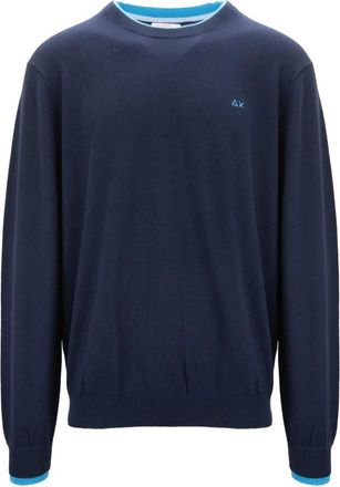 Sun 68 Wollen Katoenen Trui met Lange Mouwen - Heren - Ronde hals truien - Blauw - 2XL - Katoen - Truien & Vesten