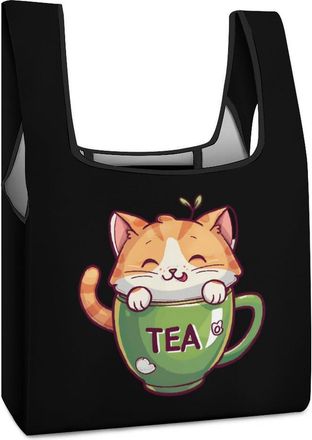 Generic Cat Teacup Shopping Bag Reusable Grocery Tote Bag Foldable Handbag for Travel Picnic
