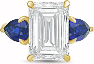 Diana M. Jewels 14kt yellow gold lab grown 4ct emerald diamond ring with sapphire pears on the sides