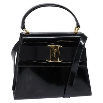 Ferragamo Vintage Vara Bow Top Handle Patent Leather Black Patent_Leather Handbag (Pre-Owned)