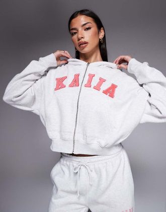 KAIIA Felpa con cappuccio oversize in misto cotone grigio m&eacute;lange e corallo con zip e logo ricamato in coordinato-Multicolore