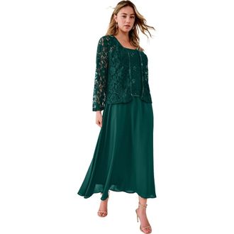 Roaman's Plus-Size 2 Piece Long Sleeve Embellished Lace Jacket And Full Gown in Emerald Green at Nordstrom, Size 22