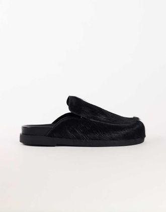 Topshop Alexia mocassino mule in vera pelle con pelo lungo nero