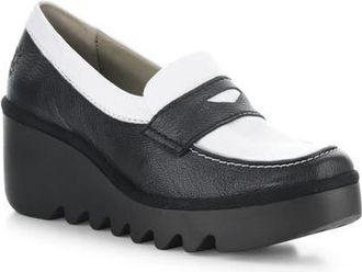 FLY London Bilz Platform Wedge Loafer in Black/White at Nordstrom, Size 10-10.5Us