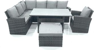 Fimous 8 Seater Garden Rattan Furniture Corner Dining Set with Big Footstool Indoor Outdoor Lounge Sofa Set Dark Grey Mixed - Fimous