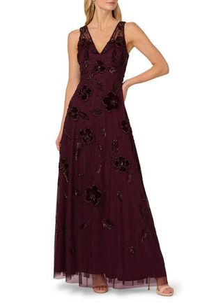 Adrianna Papell Beaded Floral Velvet Gown in Night Plum at Nordstrom, Size 10