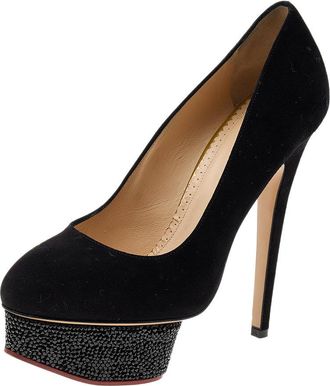 Charlotte Olympia Black Suede Crystal Embellished Dolly Platform Pumps