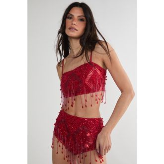 NASTY GAL Embellished Tassel Beaded Crop Top in Red at Nordstrom, Size 12