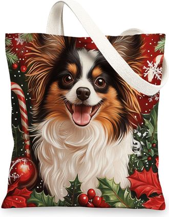 Generic Christmas Papillon Dog Canvas Tote Bag for Shopping 13x15, Xmas Candy Poinsettia Puppy Reusable Grocery Print Bag for Women Men, Holiday Pet Aesthetic