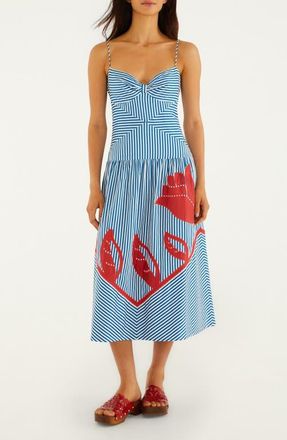 Farm Rio Sky Stripes Floral Embroidered Midi Dress in Blue at Nordstrom, Size Xx-Small