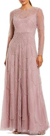 Mac Duggal Beaded Mesh High Neck Long Sleeve A Line Gown in Mocha at Nordstrom, Size 20