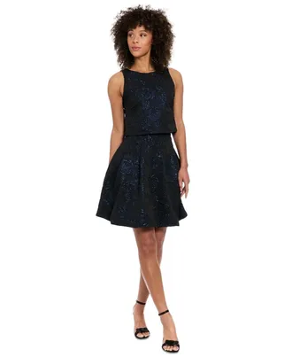 Muse Muse Textured-Rose Skirt Womens Black Blue Floral Pleated Bubble-Hem PALL99