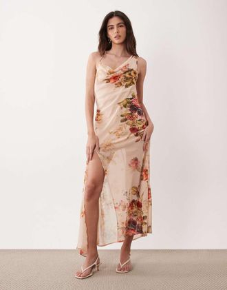 Asos Vestito midi sottoveste con scollo asimmetrico rosa a fiori-Multicolore