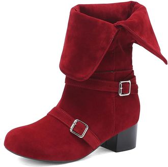 Generic Womens Retro Mid-Calf Boots with Fold-Over Collar Double Buckle Straps Low Block Heels Suede-Like Comfortable Anti-Slip Wear-Resistant for Daily Stree