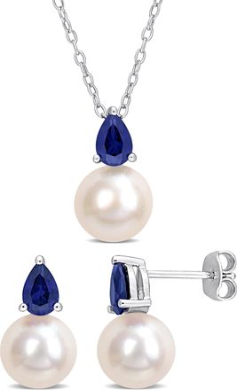 Mimi & Max Cultured Freshwater Pearl 2ct TGW Created Blue Sapphire Jewelry Set Sterling Silver