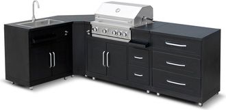 Oviala Cocina exterior de acero de 4 piezas con barbacoa