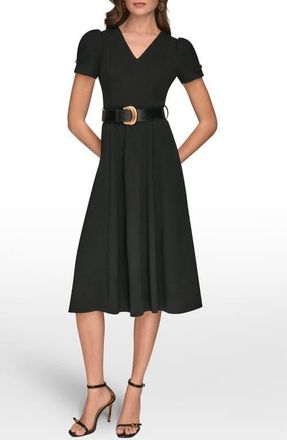 DKNY Belted Puff Sleeve Midi Dress in Black at Nordstrom, Size 8
