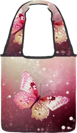 Generic Pink Butterfly Reversible Canvas Shoulder Tote - Double-Sided Print, 12oz Cotton, 27cm Drop, Fold-Flat Bag for Travel, Shopping, Street Outings