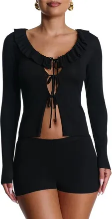 Naked Wardrobe Ruffle Tie Front Cardigan in Black at Nordstrom, Size X-Large