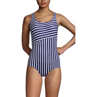 Lands End Chlorine Resistant Scoop Neck Soft Cup Tugless Sporty One Piece Swimsuit in Deep Sea/white Media Stripe at Nordstrom, Size 4