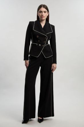 Karen Millen Womens Compact Stretch Contrast Tipped Wide Leg Tailored Trouser - Black - Size 12 UK