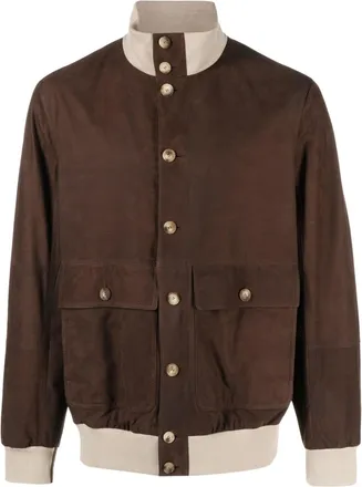 Brunello Cucinelli contrasting-detail suede bomber jacket - men - Suede/Cotton/Cupro - S - Brown