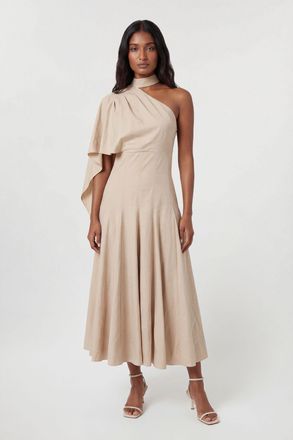 Karen Millen Womens Premium Tailored Linen High Neck One Shoulder Full Midi Dress - Champagne Viscose - Size 10 UK