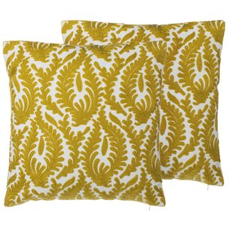 Beliani Conjunto De Cojines Decorativos De Algod&oacute;n Amarillo Con Un Tono Caqui Patr&oacute;n De Hoja 45 X 45 Cm Decoraci&oacute;n Moderna Floral Primula