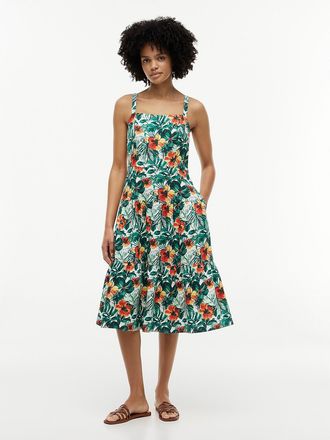 Tommy Hilfiger Womens Tropical Print Tiered Linen-Blend Dress - Green - XXL