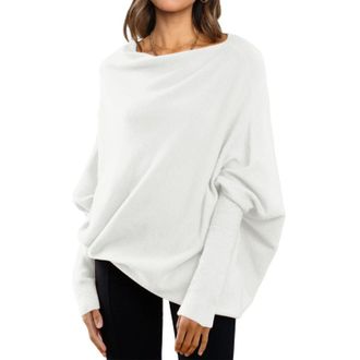 Generic Asymmetric Jumper Womens Fall Winter Soft Round Neck Knitted Jumper Fashion Baggy Pullover Sweater Tops(C), White, M