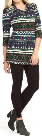 Papillon Global Print Cowl Neck Quarter Sleeve Dress In Teal Multi