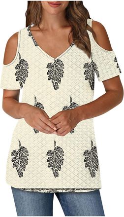 Generic Trendy Cold Shoulder Tops for Women UK Summer Short Sleeve V Neck Hollow Out Eyelet T-Shirt Funny Striped Floral Print Blouse 2025 Casual Lightweight 