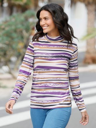 Casual Looks Stehkragenshirt CASUAL LOOKS Druck-Shirt, Damen, Gr. 38, bunt (camel, lila, bedruckt), 95% Viskose, 5% Elasthan, bedruckt, gemustert, mehrfarbig, Shir