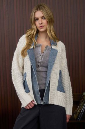 Blu Pepper Cable Knit With Denim Detail Sweater Jacket In Cream