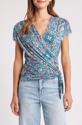 Loveappella Print Wrap Top in Teal Rose at Nordstrom, Size Medium