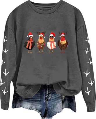 Generic Christmas Chicken Jumper WomenS Christmas Sweatshirts Funny Christmas Retro Print Crew Neck Sweatshirt Casual Long Sleeve Pullover Oversized Dressy Tr