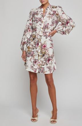 L'agence Kiersten Butterfly & Floral Print Long Sleeve Linen Blend Shirtdress in White Multi Butterfly Jungle at Nordstrom, Size Xx-Small