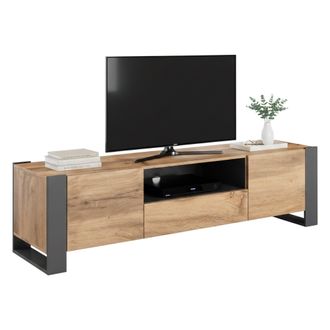 Dmora Mueble De Tv Dronero, Aparador De Sal&oacute;n Con Puertas Batientes, Compartimento Abierto Y Caj&oacute;n, Elevado Del Suelo, 180x44 H48 Cm, Nudos De Roble Y Antra