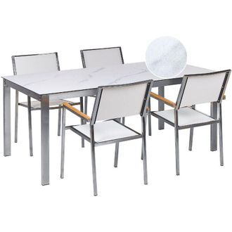 Beliani Set da giardino con 4 posti in acciaio inox con tavolo piano in vetro effetto marmo e Sedie in tessuto bianco Cosoleto/Grosseto