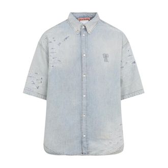 Acne Studios Denim Shirts, male, Blue, Size: XL Distressed Embroidered Shirt