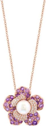 Effy 14K Rose Gold Diamond Amethyst & Fresh Water Pearl Flower Pendant Necklace in 14K Gold at Nordstrom, Size 17