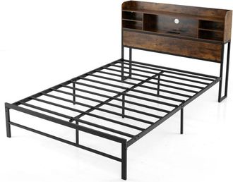 Costway Double Size Bed Frame with Adjustable LED Lights Charging Ports Black