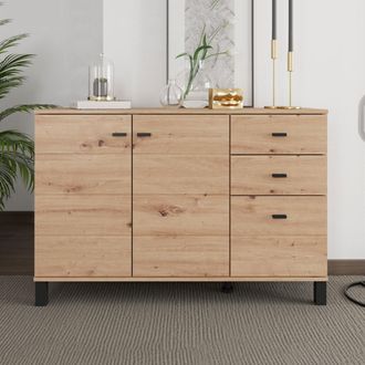 Dmora Aparador Guatav, C&oacute;moda 3 Cajones, 2 Estantes, Puerta Abatible, Deslizante, 116x35x78h Cm Marr&oacute;n Roble Nodoso