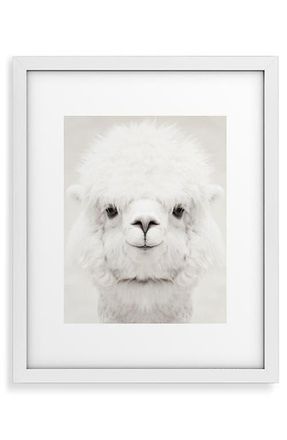 Deny Designs Smiling Alpaca Framed Art Print in Black-White at Nordstrom, Size 16X20