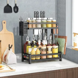 OEM Etagere A Epices - Acero Inoxidable 201 - 2 Niveles - 34 X 21 X 41,7 Cm - Carga Max 20 Kg - Negro - Sin Taladro