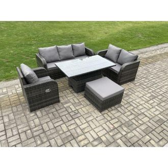 Fimous 7 Seater Outdoor Rattan Furniture Garden Dining Set Patio Height Adjustable Rising lifting Table with 3 Seater Sofa Reclining Chair Love Sofa Dark