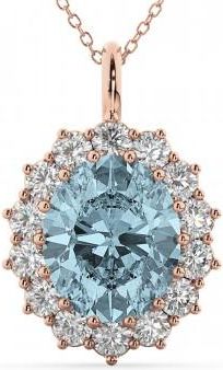 Allurez Oval Aquamarine & Diamond Halo Pendant Necklace 14k Rose Gold (6.40ct)