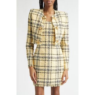Balmain Glitter Plaid Tweed Crop Jacket in Multi Yellow at Nordstrom, Size 12 Us